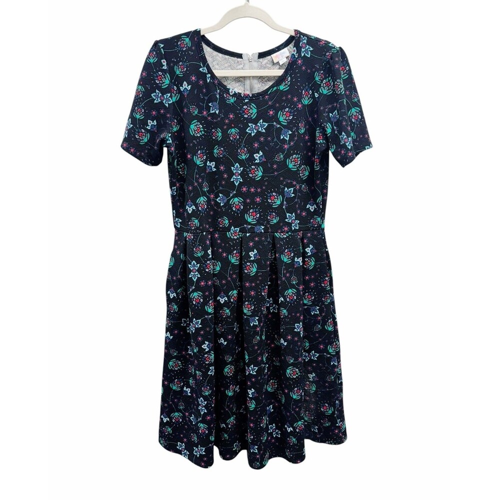 LuLaRoe Size XL Floral‎ Pleated Fit & Flare Stretch Short Sleeve Dress w/Pockets